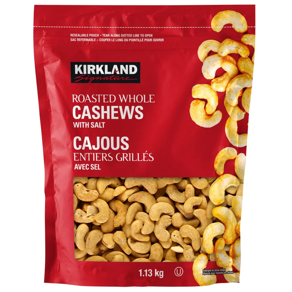 Kirkland Signature roasted whole cashews with salt 1.13 kg resealable container